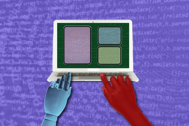 Illustration of a robotic left hand and a human right hand typing code on a laptop. The screen shows three colored modules, each containing code.