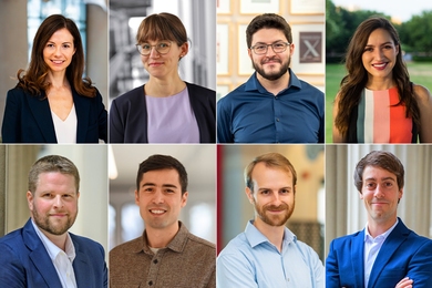 2 by 4 grid of portrait photos of men and women