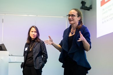 Lily Tsai and Rebecca Saxe giving a presentation