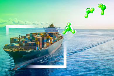 A freight carrier with stylized ammonia icons