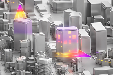 Grayscale graphic rendering of a cityscape. 2 drones colorfully scan 2 buildings