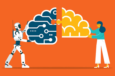 Cartoon illustration of a robot holding an artificial brain and a human holding a biological brain, which fit into each other like a jigsaw puzzle
