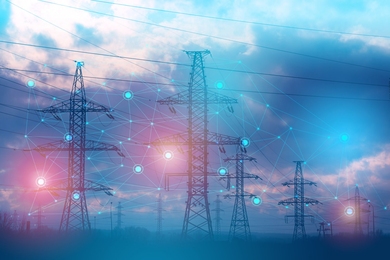 Photo of high-tension power lines at night overlaid with circular glowing orbs connected by lines representing power.