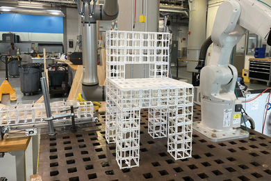 A chair made of modular lattice cubes.