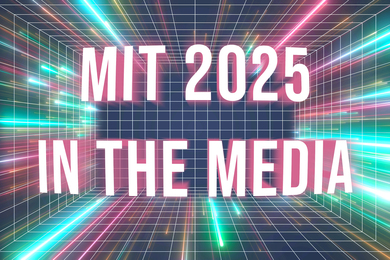 The text "MIT 2025 In the Media" atop grid lines and colorful beams.