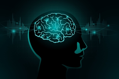 Simplified illustration of a human head with a brain inside. Wave forms appear on either side.