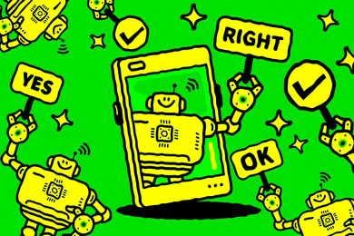 A robot holds signs saying, “yes! OK! Right!”