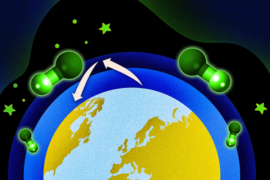 Earth, with layers of atmosphere. Molecules float in the layers.