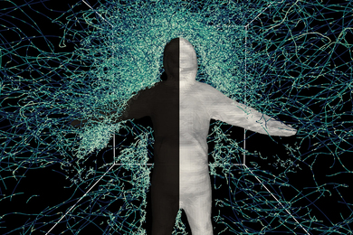 A human figure is colored half black and half white while thousands of flight paths surround it. 