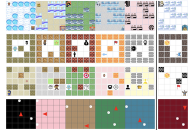 Several simple 2D videogames that are mazes with obstacles and prizes. On right, there are hidden traps on the gameboard.