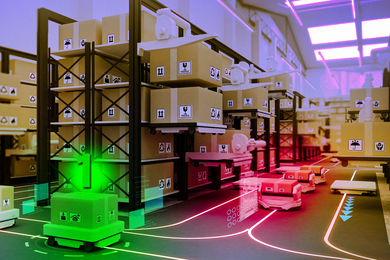 Robots in warehouse, and one green robot has a “1” on it.
