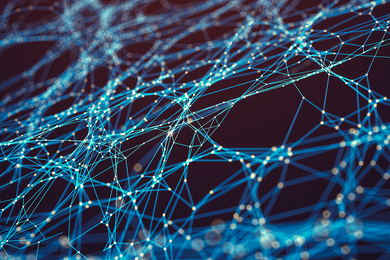 An artistic depiction of an abstract neural network is a network of bright lines and points