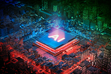 Inside of a computer looks like a metropolis. A circuit chip says “AI” and there are green and red parts of the city.