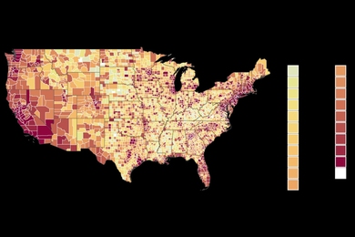 U.S. map showing county-level shares of Asian residents in 2019. Notable concentrations on the West Coast and in major metropolitan areas nationwide.