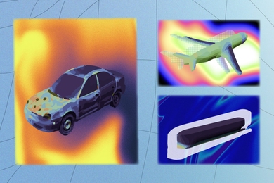 Panel showing 3D models of a car, plane, and boat over different heat maps